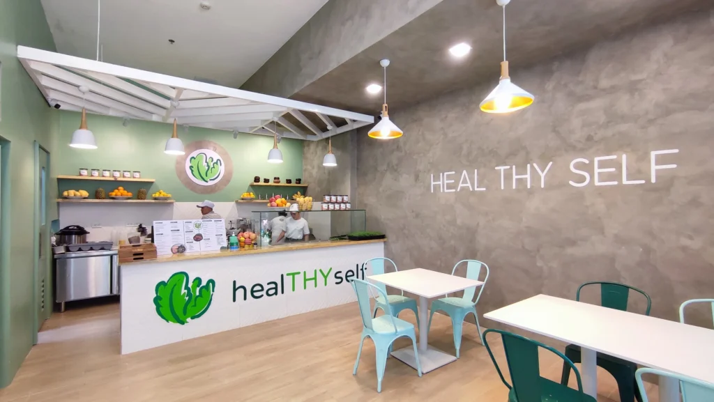 A modern and minimalist health food store interior, showcasing clean lines, bright lighting, and a calming color palette. The design is both functional and aesthetically pleasing.
