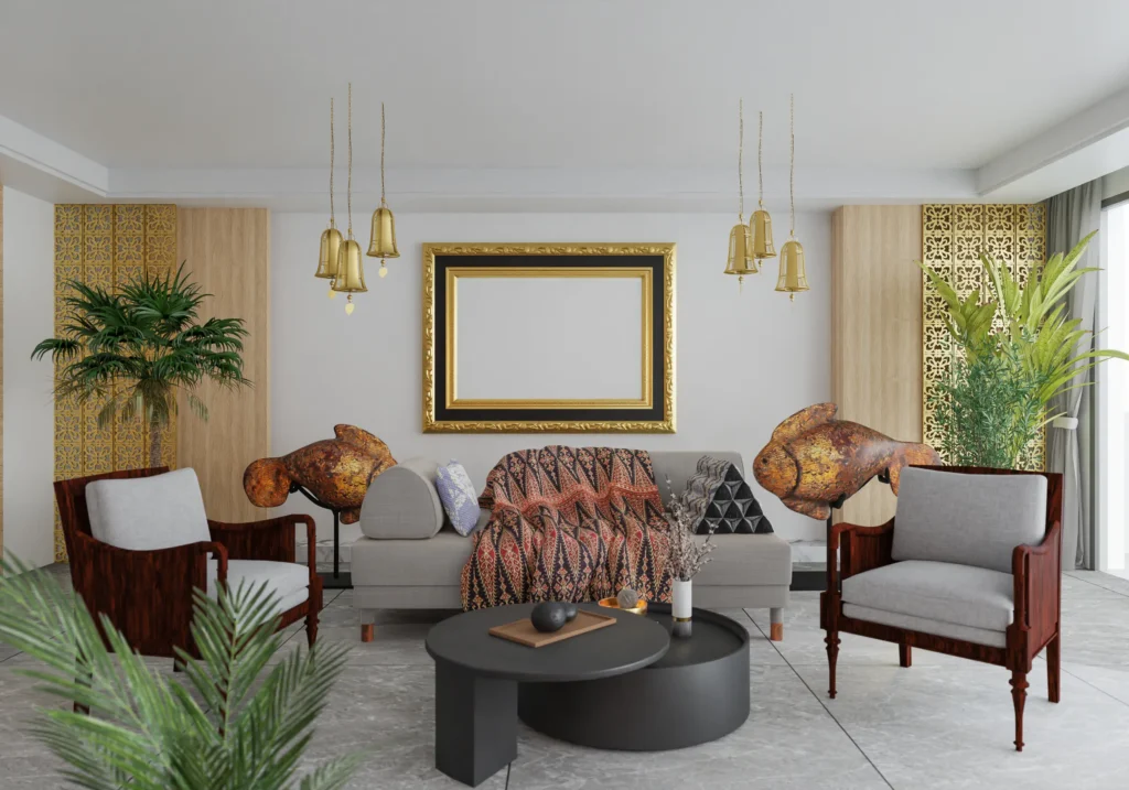 A 3D rendering of a modern living room, showcasing a sophisticated and inviting design. This image illustrates the initial design concept.