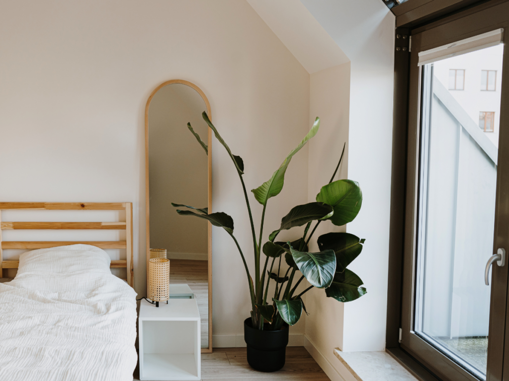 A modern bedroom with sustainable design elements. The image showcases natural light, a large plant, and a simple, minimalist aesthetic with light-colored walls and a wooden bed frame. The overall feel is calm and eco-conscious.