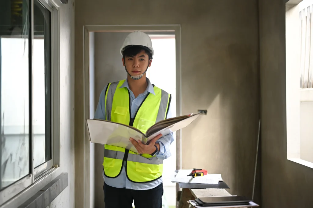 A construction professional conducts a thorough site inspection, carefully reviewing plans and ensuring that the project meets the highest standards of quality and precision.