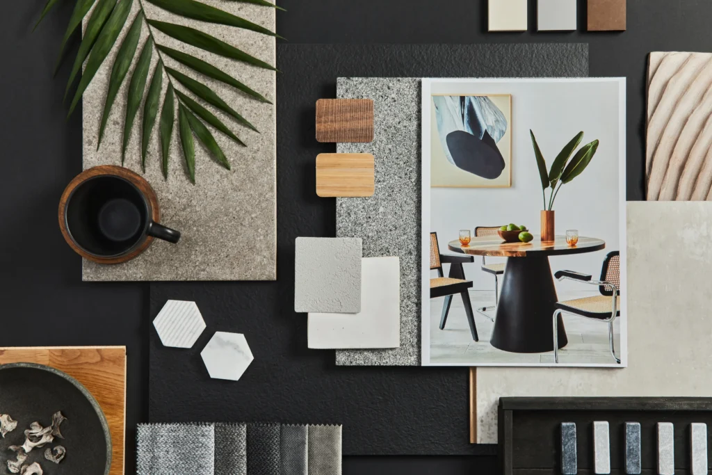 A mood board displaying a cohesive collection of materials and finishes, demonstrating how careful selection contributes to a harmonious and stylish overall design.