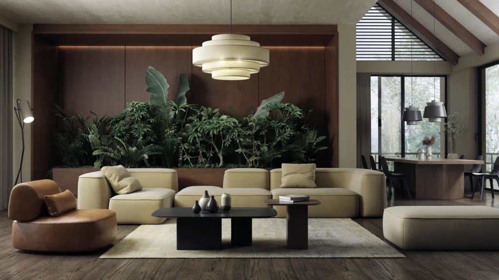 A modern living room with a sophisticated furniture arrangement, highlighting the seamless integration of style and functionality in a well-designed space.