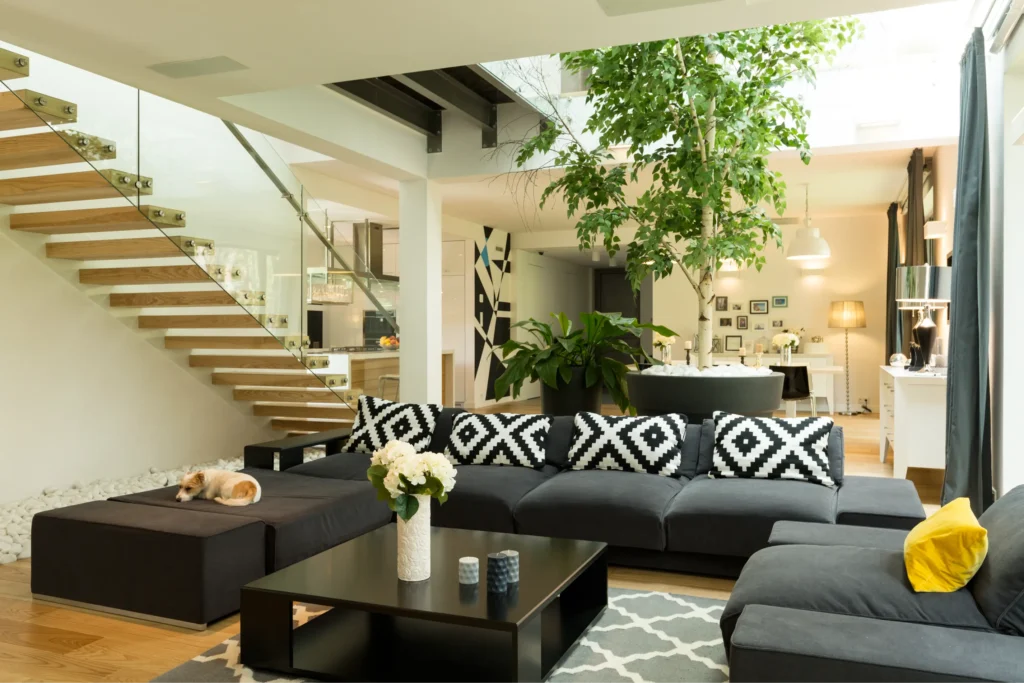 A photograph of a modern living room, showing the final design implementation. This image showcases the realized vision.